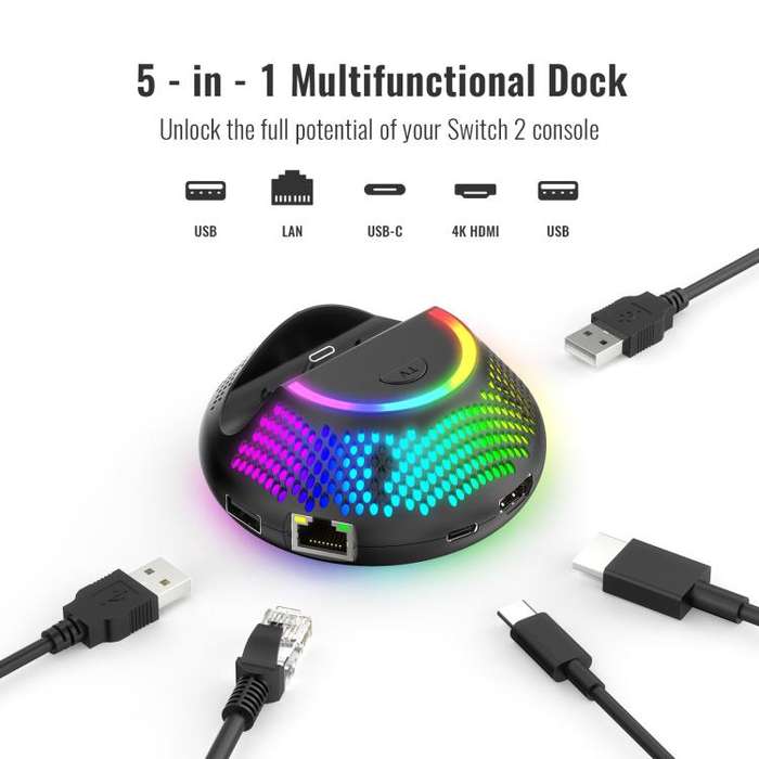For Nintendo Switch 2 JYS 4K 60Hz TV Dock 5-In-1 HUB With Gigabit Ethernet Port RGB Ambient Lighting