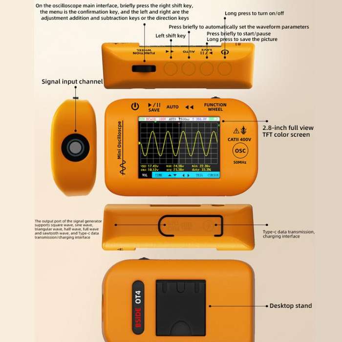 BSIDE OT4 Miniature Oscilloscope Signal Generator Rechargeable Handheld Color Screen 50MHz Oscill...