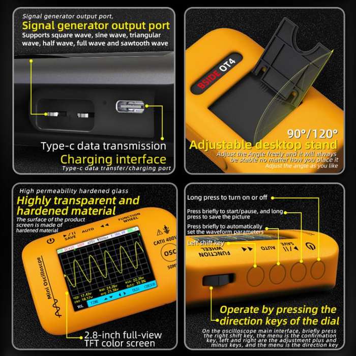 BSIDE OT4 Miniature Oscilloscope Signal Generator Rechargeable Handheld Color Screen 50MHz Oscill...