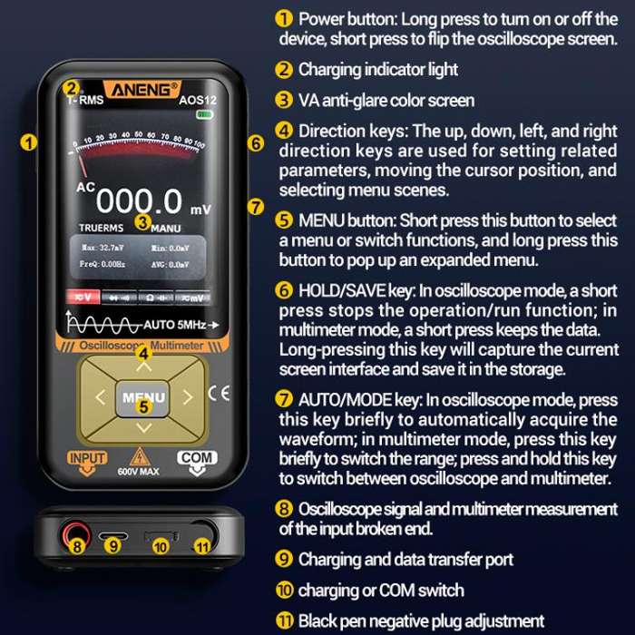 ANENG 2 In 1 Handheld Color Screen Oscilloscope Digital Multimeter(AOS12)