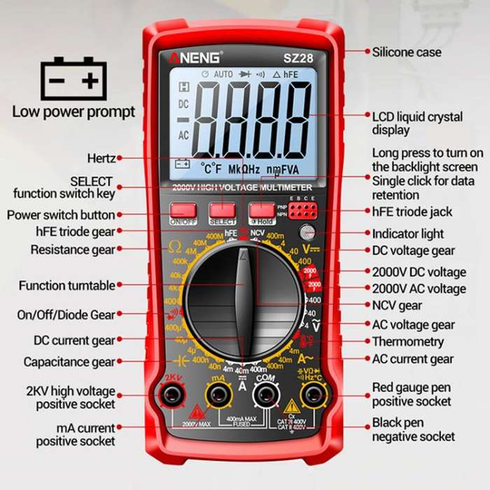 ANENG 2000V High Voltage High Precision Photovoltaic Digital Multimeter(SZ28 Red)