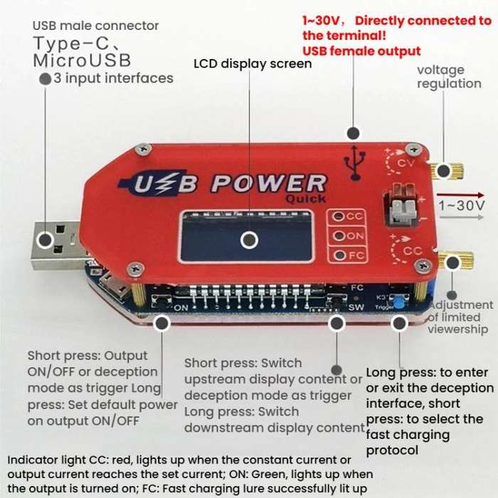 DP3A USB 15W Adjustable Power Supply Module LCD Display Mobile Boost Cable