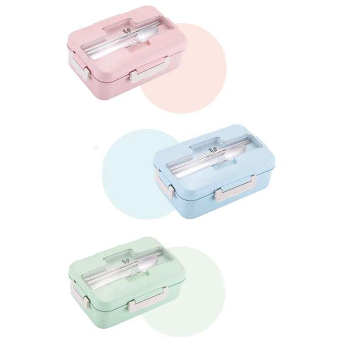 Plastic Split Microwaveable Oven Lunch Box With Stainless Steel Tableware(Pink)