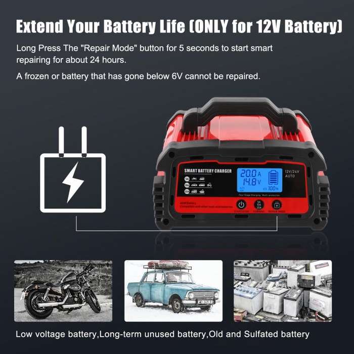 DMD 12V/24V Universal Intelligent Pulse Repair Battery Charger(UK Plug)