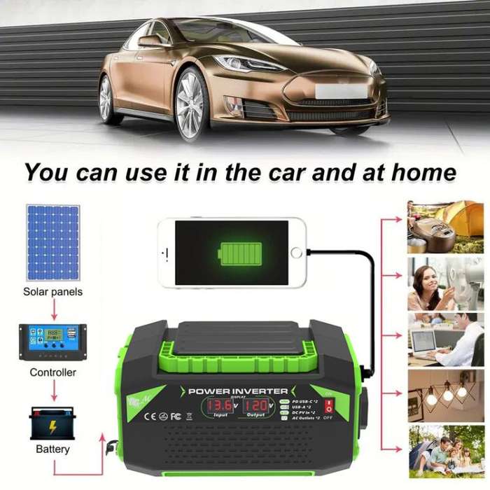 Gurxun Car Pure Sine Wave Inverter Dual AC Sockets + 2 USB + 2 Type-C Ports Outdoor Car Power Con...