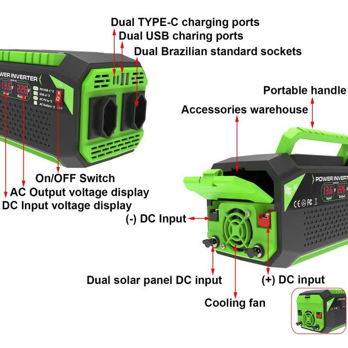 Gurxun Car Pure Sine Wave Inverter Dual AC Sockets + 2 USB + 2 Type-C Ports Outdoor Car Power Con...