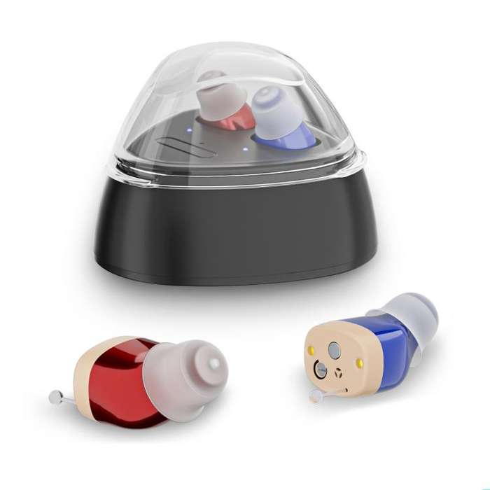 Ultra-Compact In-Ear Invisible Hearing Amplifier With Charging Case For Elderly(Red Blue+Black Case)