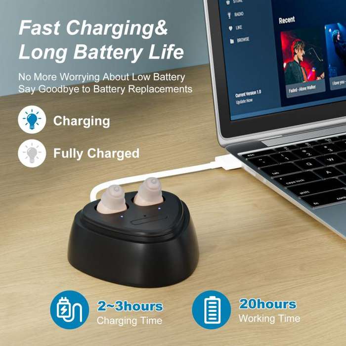 Ultra-Compact In-Ear Invisible Hearing Amplifier With Charging Case For Elderly(Skin Color+Black ...