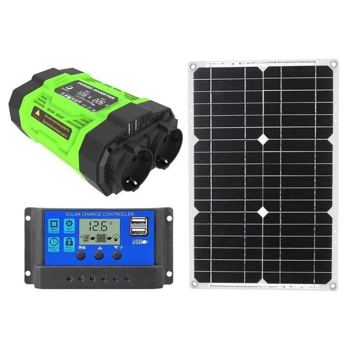 Gurxun Modified Wave Inverter With 18W Solar Panel + 30A Controller Dual Socket + 2 USB + 2 Type-...