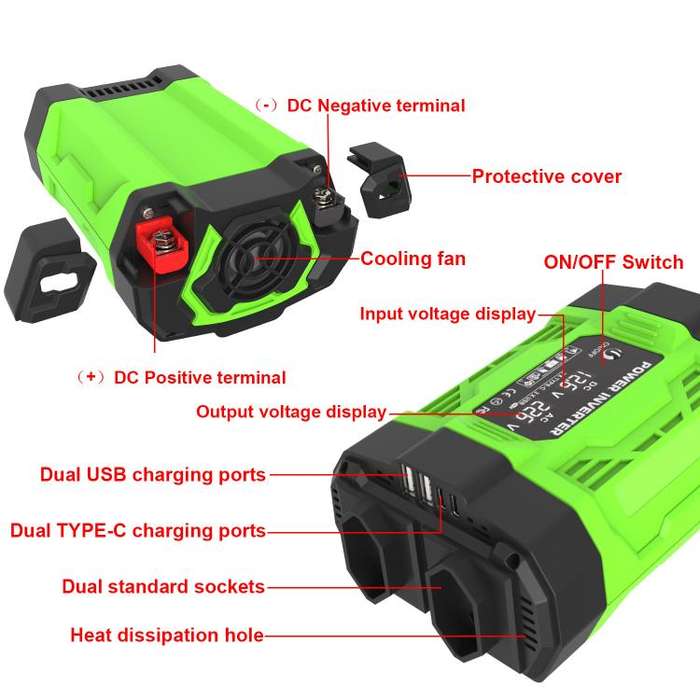 Gurxun Modified Wave Inverter With 18W Solar Panel + 30A Controller Dual Socket + 2 USB + 2 Type-...