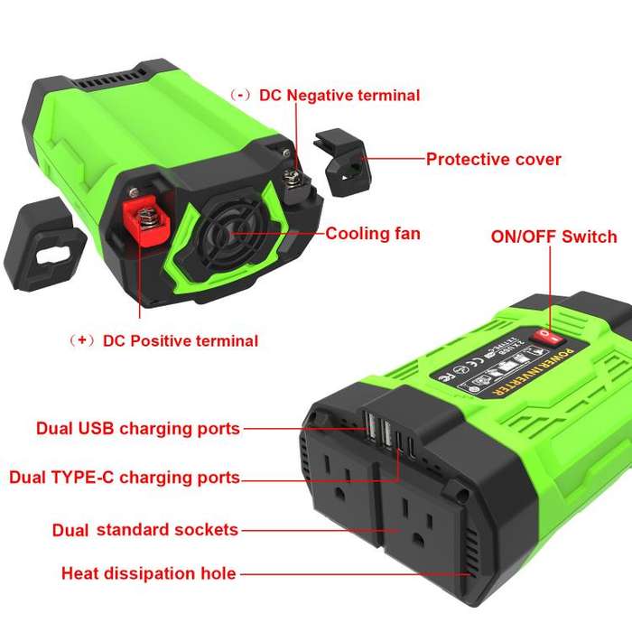 Gurxun 200W Modified Wave Inverter With 18W Solar Panel + 30A Controller Dual Socket + 2 USB + 2 ...