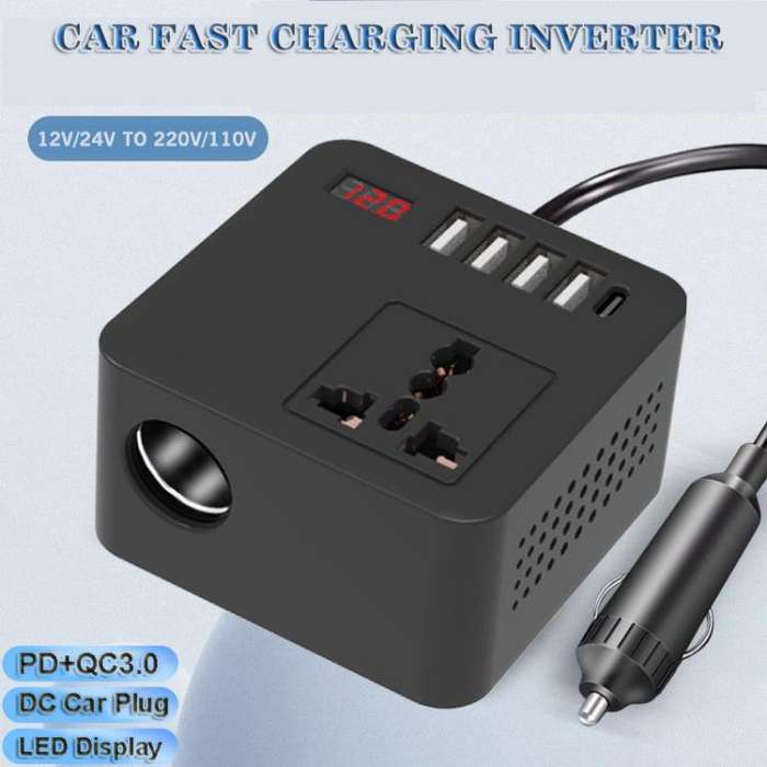 Gurxun 12/24V To 110/220V Multi-Function Car Fast Charger With 4 USB+Type-C+Universal Socket(Magi...