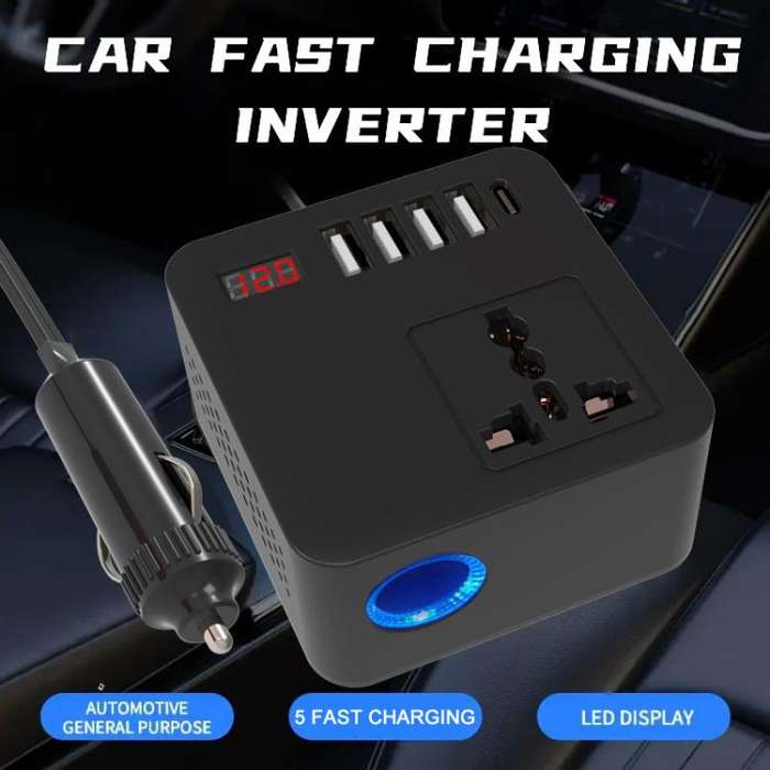 Gurxun 12/24V To 110/220V Multi-Function Car Fast Charger With 4 USB+Type-C+Universal Socket(Magi...