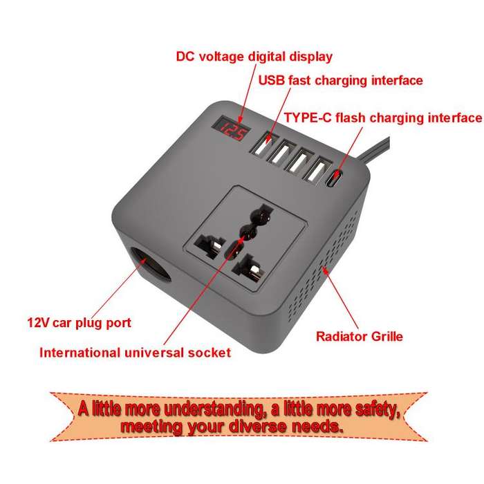Gurxun 12/24V To 110/220V Multi-Function Car Fast Charger With 4 USB+Type-C+Universal Socket(Magi...