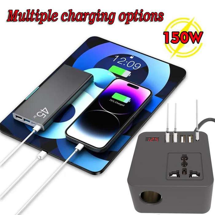 Gurxun 12/24V To 110/220V Multi-Function Car Fast Charger With 4 USB+Type-C+Universal Socket(Magi...