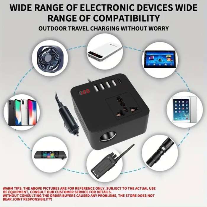 Gurxun 12/24V To 110/220V Multi-Function Car Fast Charger With 4 USB+Type-C+Universal Socket(Magi...