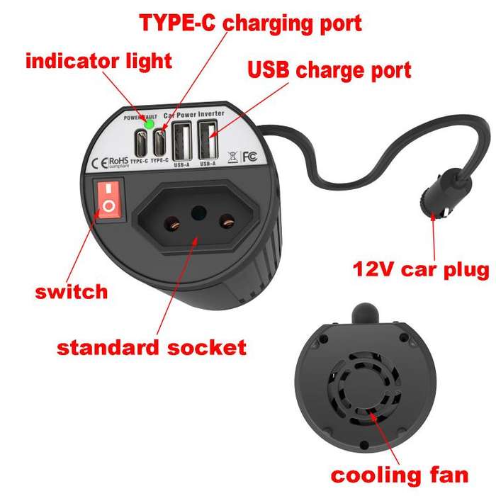 Gurxun 200W Modified Wave Intelligent Car Inverter Dual USB + Dual Type-C Port Car Power Converte...