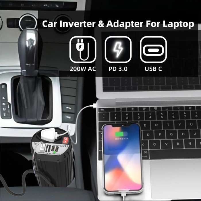 Gurxun 200W Modified Wave Intelligent Car Inverter Dual USB + Dual Type-C Port Car Power Converte...