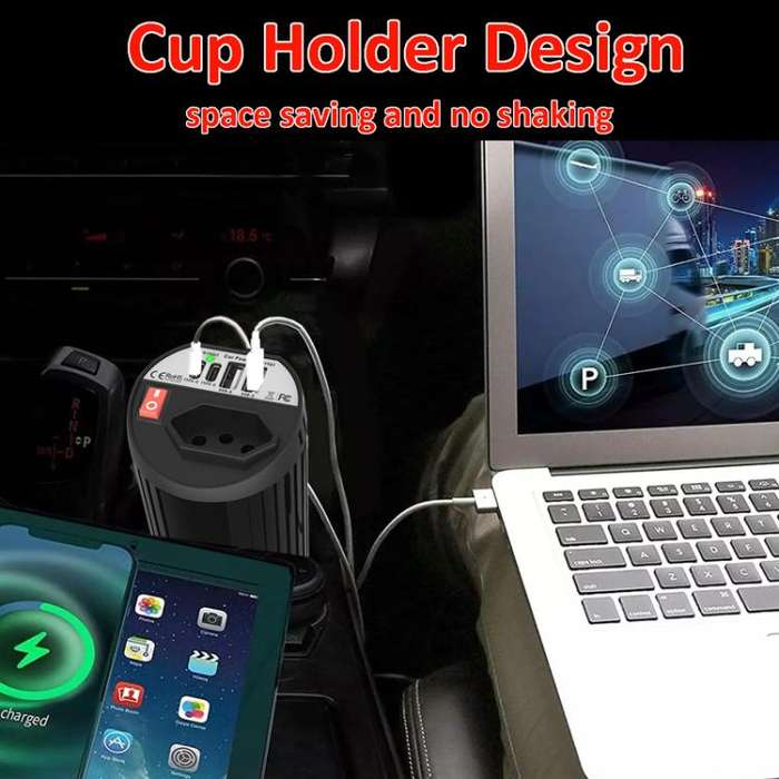 Gurxun 200W Modified Wave Intelligent Car Inverter Dual USB + Dual Type-C Port Car Power Converte...