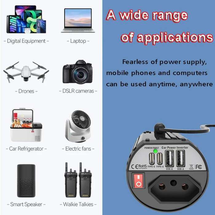 Gurxun 200W Modified Wave Intelligent Car Inverter Dual USB + Dual Type-C Port Car Power Converte...