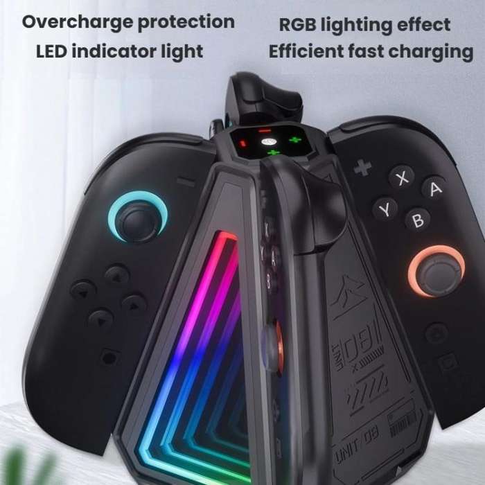 For Nintendo Switch 2 Joy-Con Controllers 4 In 1 Triangular Charging Base With RGB Light(Black)