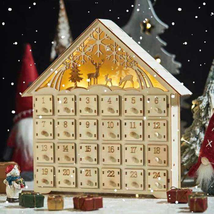 Wooden Christmas Decoration LED Lights 24-Day Countdown Calendar Ornament Gift Box(Deer)