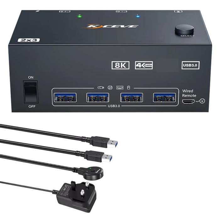 KCEVE KC-KVM204DH 2 In 4 Out 8K 60Hz KVM Switch For 2 Computer 4 Monitors UK Plug