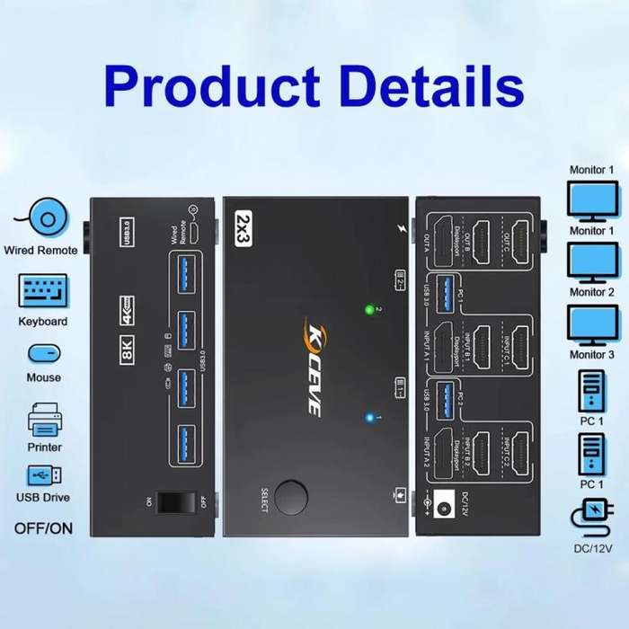 KCEVE KC-KVM204DH 2 In 4 Out 8K 60Hz KVM Switch For 2 Computer 4 Monitors AU Plug