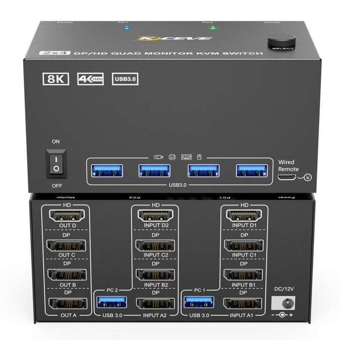 KCEVE KC-KVM204D3 HDMI+3 DP Ports KVM Switch Supports 4 Displays 2 Computers 4K 144Hz / 8K 60Hz U...