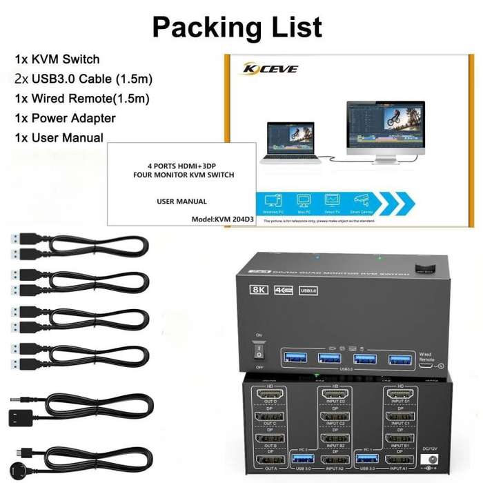 KCEVE KC-KVM204D3 HDMI+3 DP Ports KVM Switch Supports 4 Displays 2 Computers 4K 144Hz / 8K 60Hz U...