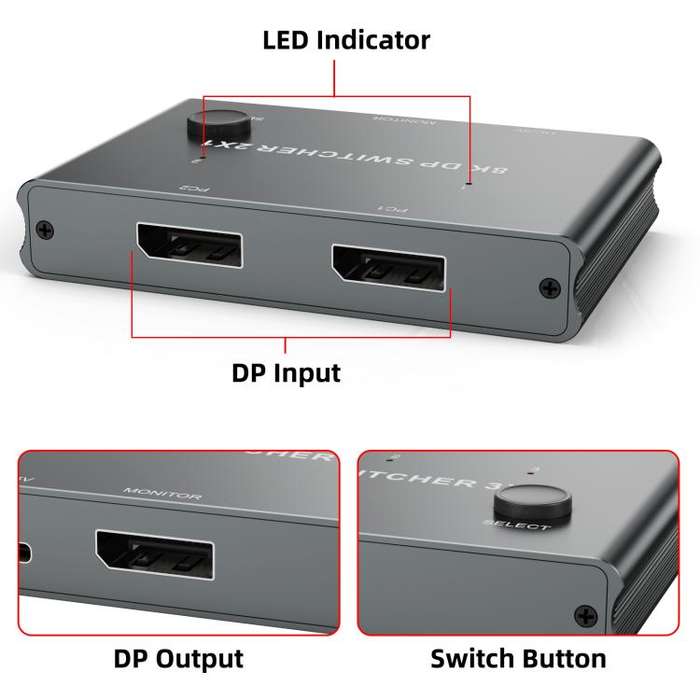 DP201 2 In 1 Out DisplayPort Switch 8K 30Hz HD Splitter For Computer Screen