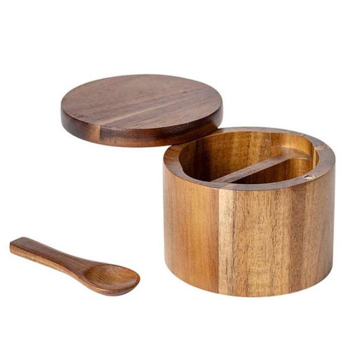 1 Layer Double Grid Wooden Salt Jar Storage Box Seasoning Jar With Lid And Spoon