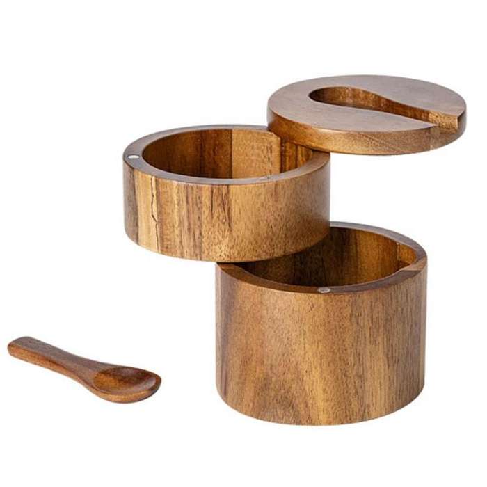 Double Layer Wooden Salt Jar Storage Box Seasoning Jar With Lid And Spoon