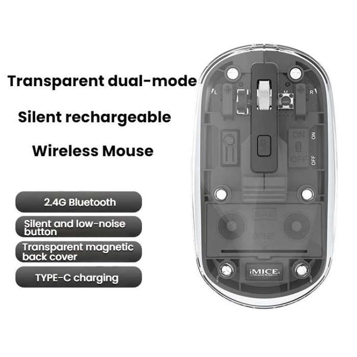 IMICE T400 4 Keys 1600DPI Dual-Mode Mouse Transparent Bluetooth Charging Wireless Silent Mice(Gray)