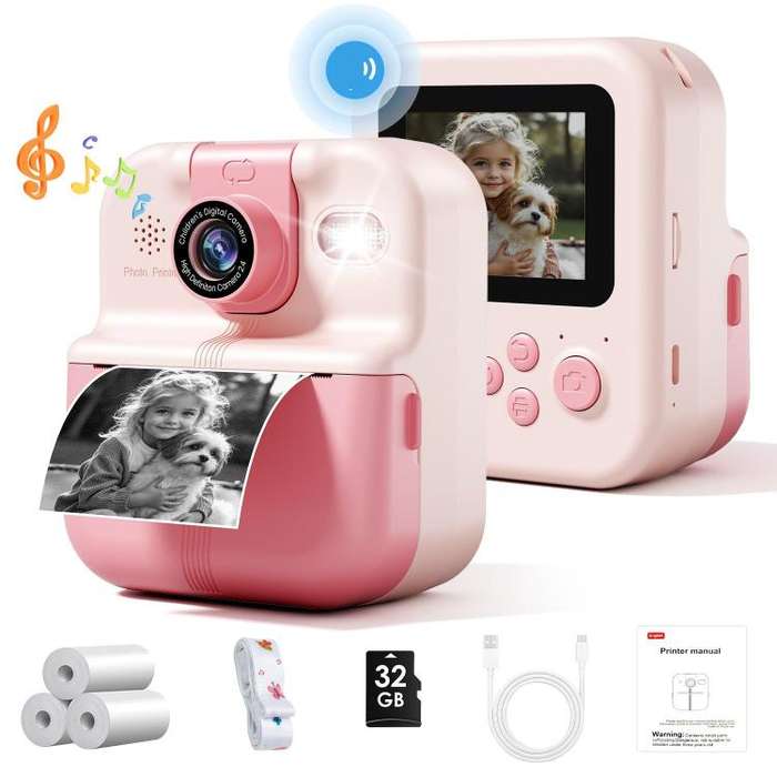 P02 Kids Instant Print Camera with 180-degree Flip Lens & 32GB Memory Card Selfie Photo Printing ...