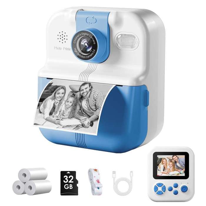 P02 Kids Instant Print Camera with 180-degree Flip Lens & 32GB Memory Card Selfie Photo Printing ...
