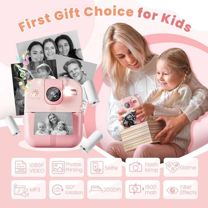P02 Kids Instant Print Camera with 180-degree Flip Lens & 32GB Memory Card Selfie Photo Printing ...