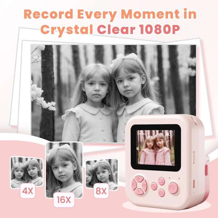P02 Kids Instant Print Camera with 180-degree Flip Lens & 32GB Memory Card Selfie Photo Printing ...
