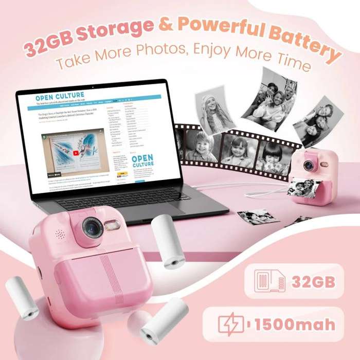 P02 Kids Instant Print Camera with 180-degree Flip Lens & 32GB Memory Card Selfie Photo Printing ...