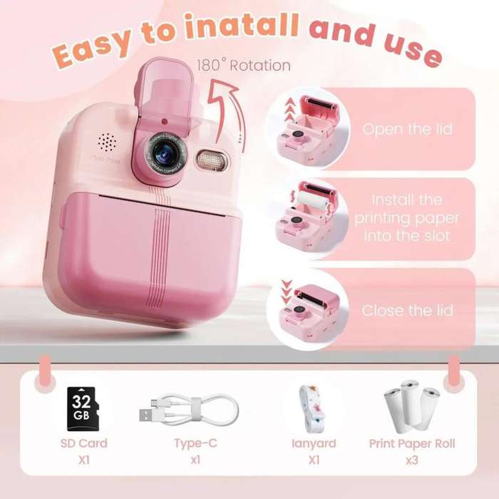P02 Kids Instant Print Camera with 180-degree Flip Lens & 32GB Memory Card Selfie Photo Printing ...