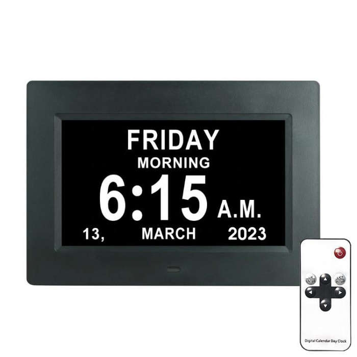 7-inch Digital Frame Calendar Day Clock With 3 Medication Alerts, 5 Custom Alarms, Multi-Language...