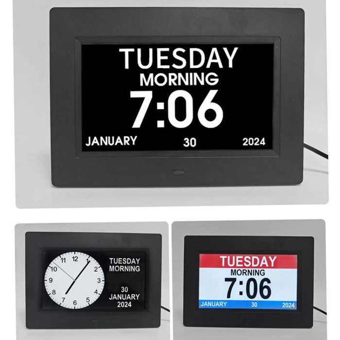7-inch Digital Frame Calendar Day Clock With 3 Medication Alerts, 5 Custom Alarms, Multi-Language...