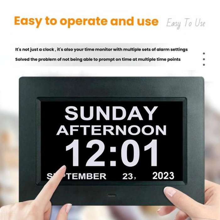 7-inch Digital Frame Calendar Day Clock With 3 Medication Alerts, 5 Custom Alarms, Multi-Language...