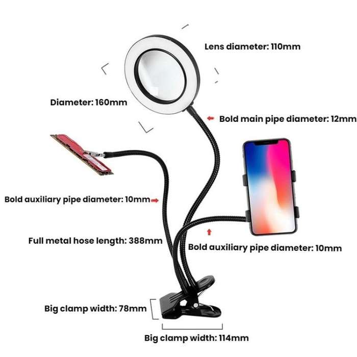 10X 72LEDs Optical Magnifying Glass Hose Type Mobile Phone Holder(Black)
