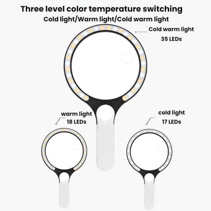 5/10/20X 13.5cm 3 Colors LED Handheld Magnifying Glass Adjustable Brightness For Reading, Spec: B...