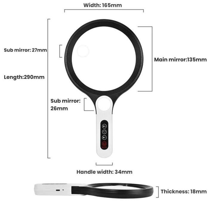 5/10/20X 13.5cm 3 Colors LED Handheld Magnifying Glass Adjustable Brightness For Reading, Spec: B...