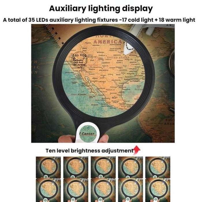 5/10/20X 13.5cm 3 Colors LED Handheld Magnifying Glass Adjustable Brightness For Reading, Spec: B...