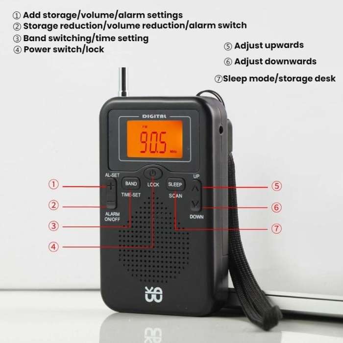 Portable FM/AM Clock-Controlled Stereo Pocket Radio Player, Size: For EU(Black)