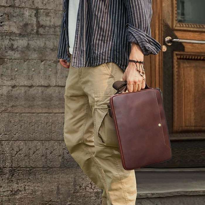 CONTACTS FAMILY 14.2 Inch Crazy Horse Leather Messenger Bag Vintage Crossbody Laptop Briefcase(Br...