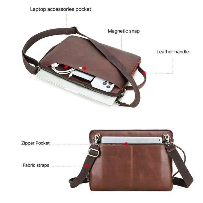 CONTACTS FAMILY 14.2 Inch Crazy Horse Leather Messenger Bag Vintage Crossbody Laptop Briefcase(Br...